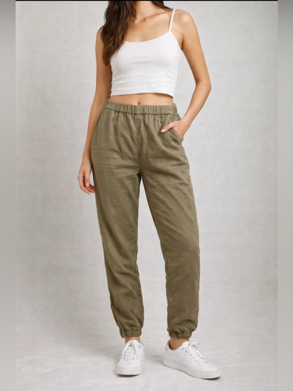 On The Road Jogger Pants Tencel Elastic Waist and Cuffs Khaki Green Size L